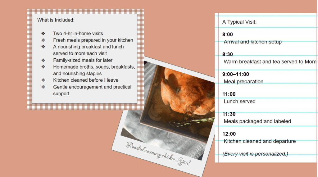 A photo of my famous rosemary roasted chicken and some info on my postpartum nourishment business.