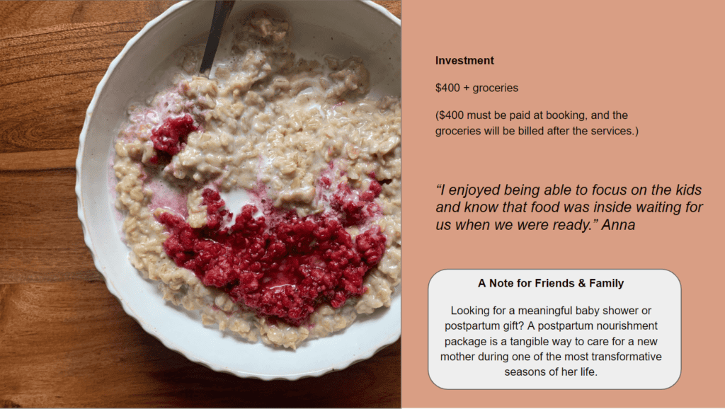 A photo of a bowl of homemade porridge with raspberry sauce and some more information about my postpartum nourishment business.